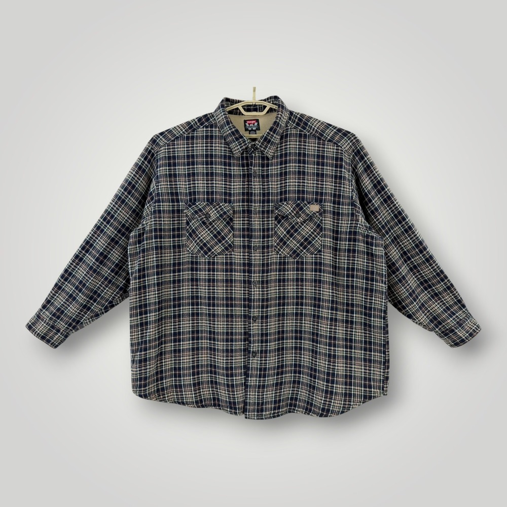 Wrangler Workwear Mens 3XL Plaid Flannel Shirt Thermal Lined Navy Tan Cotton